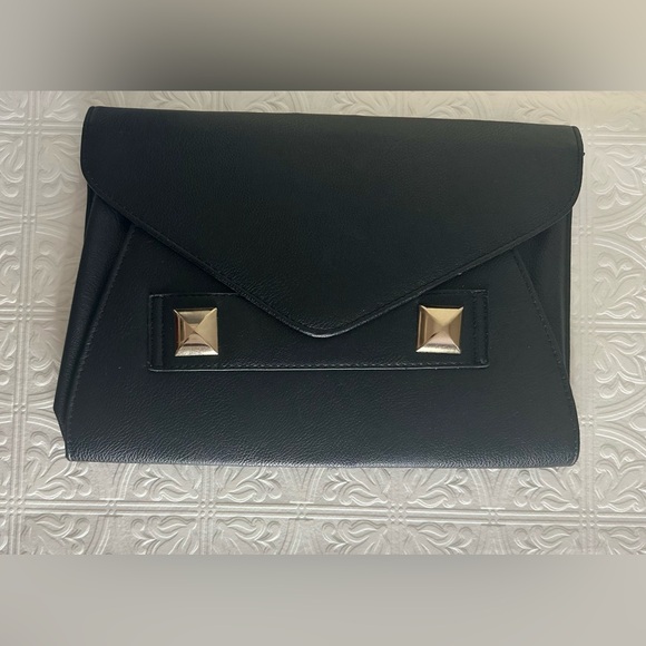 Black Vegan Leather 2 Way Clutch with Gold Accent Hardware - Picture 2 of 8
